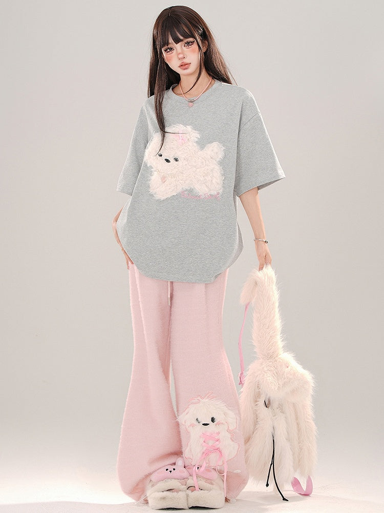 Blue/Grey/Black Plush Puppy Applique Loose T-shirt