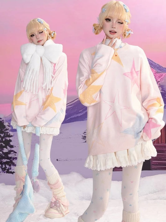 ピンクスターグラフィティラウンドネックソフトセーター