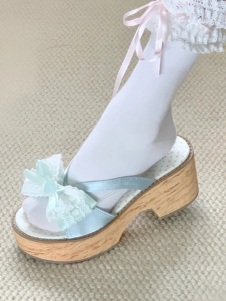 Lolita - Top Bow Slippers Satin Sole Mint Grain Wa at Platform Wood