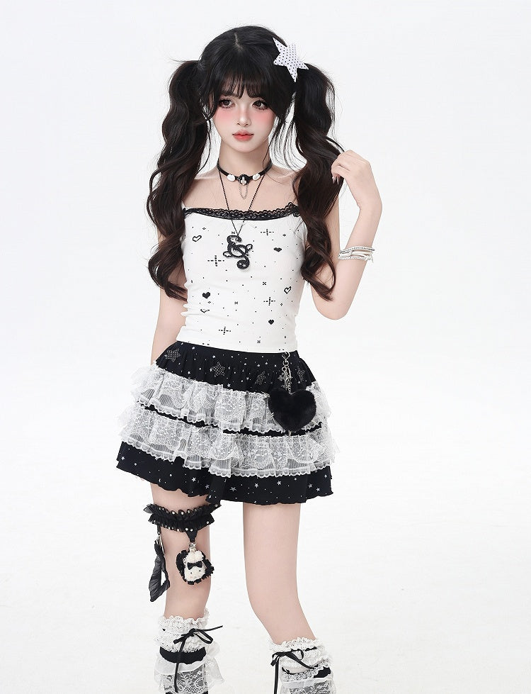 Rock Grau/Schwarz Elastische Taille Stern Applikationen Spitze Trim Tiered Strick Licht