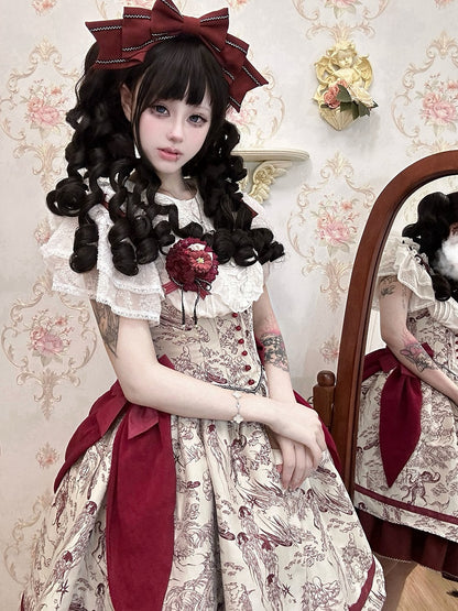Lolita Waist Under Straps Red Jumper Basque Bust Bowknot Shoulder Skirt