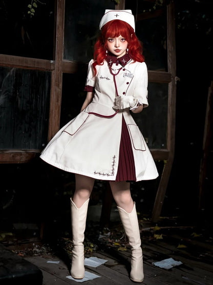 Weißes und rotes Halloween-Kostüm, Krankenschwester-Lolita-Kleid, komplettes Set
