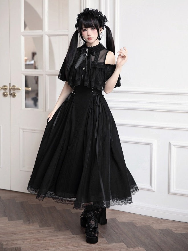 Black/White Lace Cutout Shoulder Jirai Kei Cross Dress - Tan Tuan