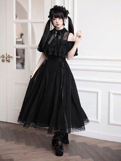 Black/White Lace Cutout Shoulder Jirai Kei Cross Dress - Tan Tuan
