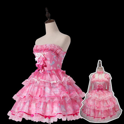 Süßes rosa Lolita-Kleid mit Schleife und Hasenstäbchen aus Satin