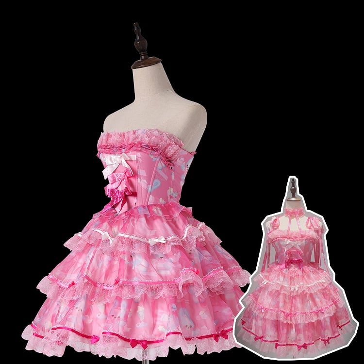 Schleife Akzente Bunny Print Satin Kleid Stäbchen Pink Süße Lolita