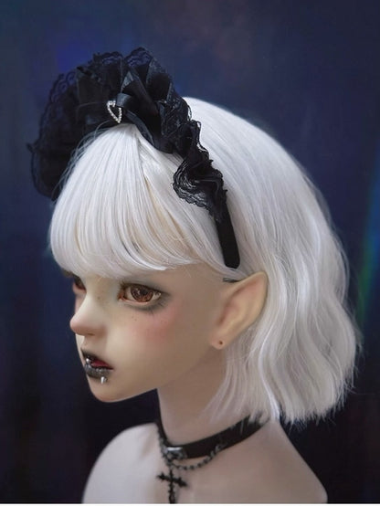 Black Lolita KC Lace Headband with Heart Bow - Strange Sugar