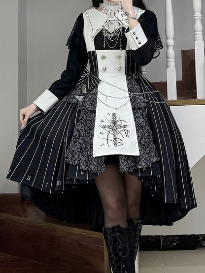 Chain+Pocket Chain+Detachable Collar Watch Embroidery+Waist Cross White Set Full Dress Striped with Nun Lolita Belt+Waist Black