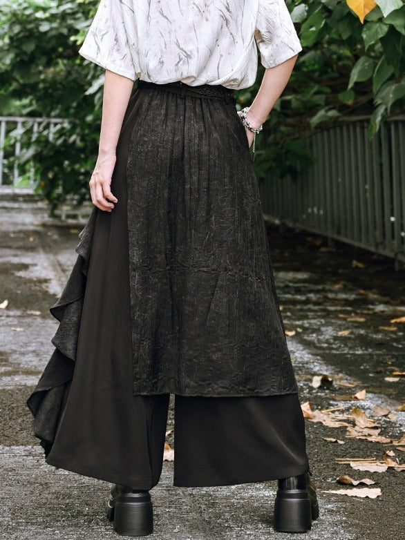 Dark Asymmetric Wide-Leg Pants with Spliced Panels - Quirky Hut