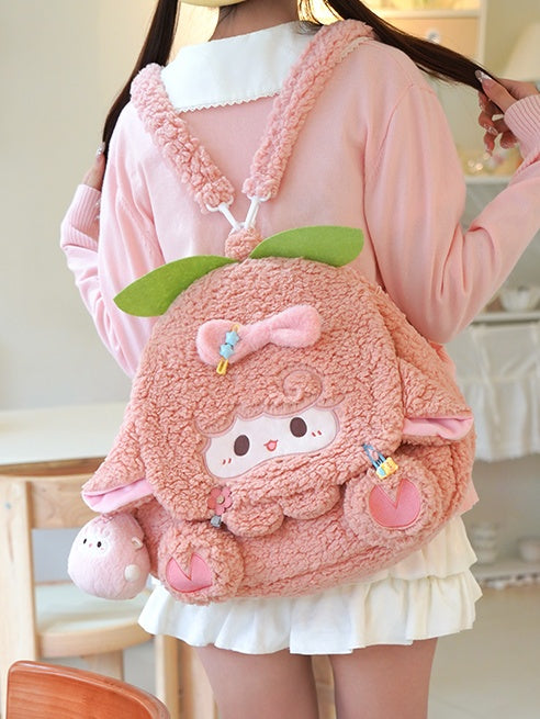Pink Lamb Bowknot Plush Flap Backpack Bag Middle/Large Size