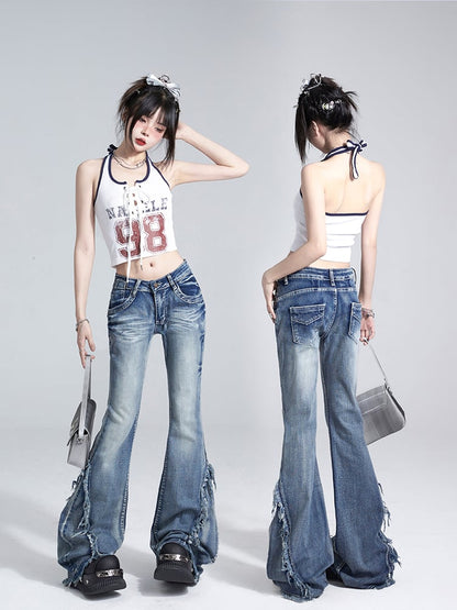 with Raw Slimming Seams Blue Side Jeans Hem Flare Fit Floor-Length