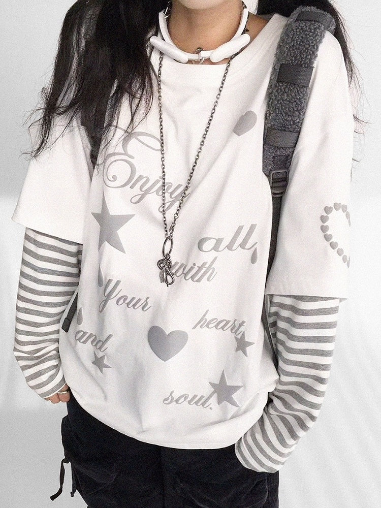 Round Grey Neck White Two-piece Sleeve - Top Long