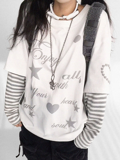 Round Grey Neck White Two-piece Sleeve - Top Long