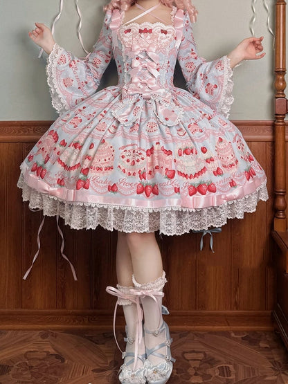Blaues Lolita-Kleid mit Glockenkuchenstück, langen Erdbeerärmeln und einem süßen Aufdruck