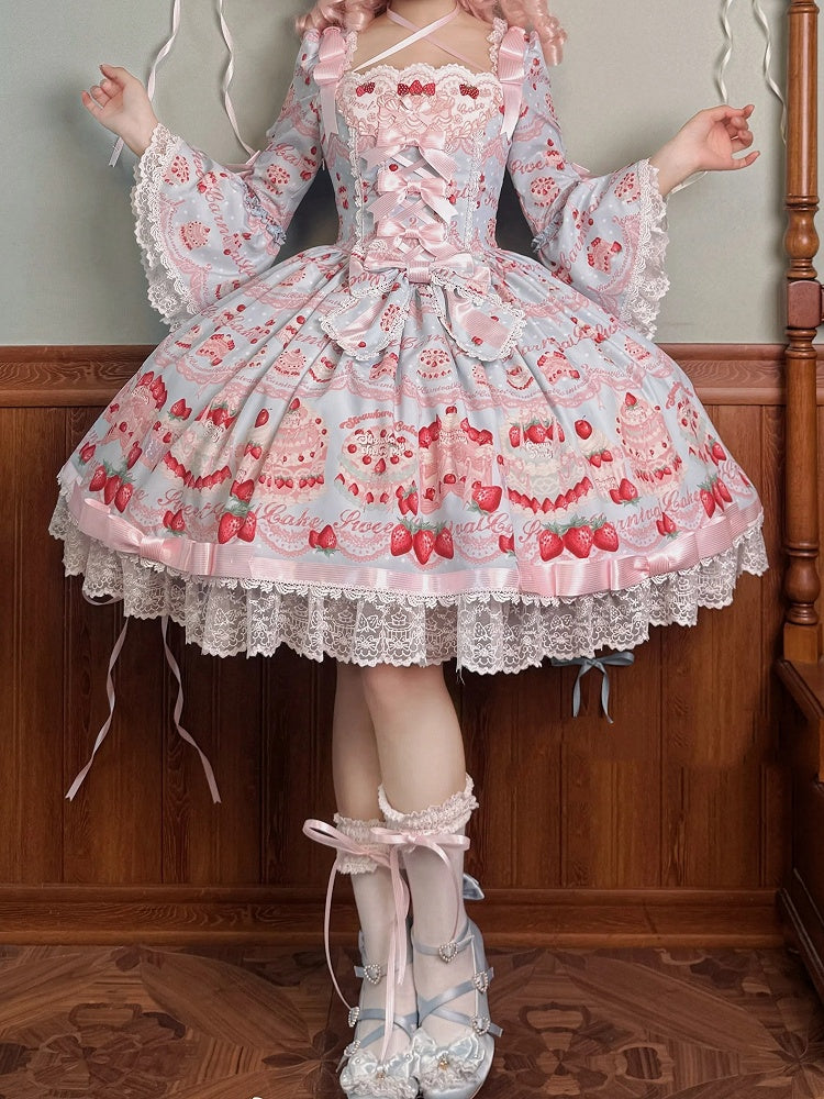 Strawberry Cake Print Blue Sweet Lolita Dress Long Bell Sleeves - Twin Bear Original Design