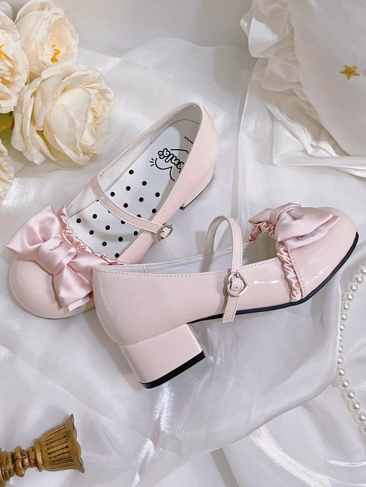 Toe Mid-heel Round Mary Sweet Heart Buckle Top Trim at PU Bow Leather Ruffles with Janes