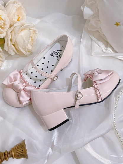 Toe Mid-heel Round Mary Sweet Heart Buckle Top Trim at PU Bow Leather Ruffles with Janes