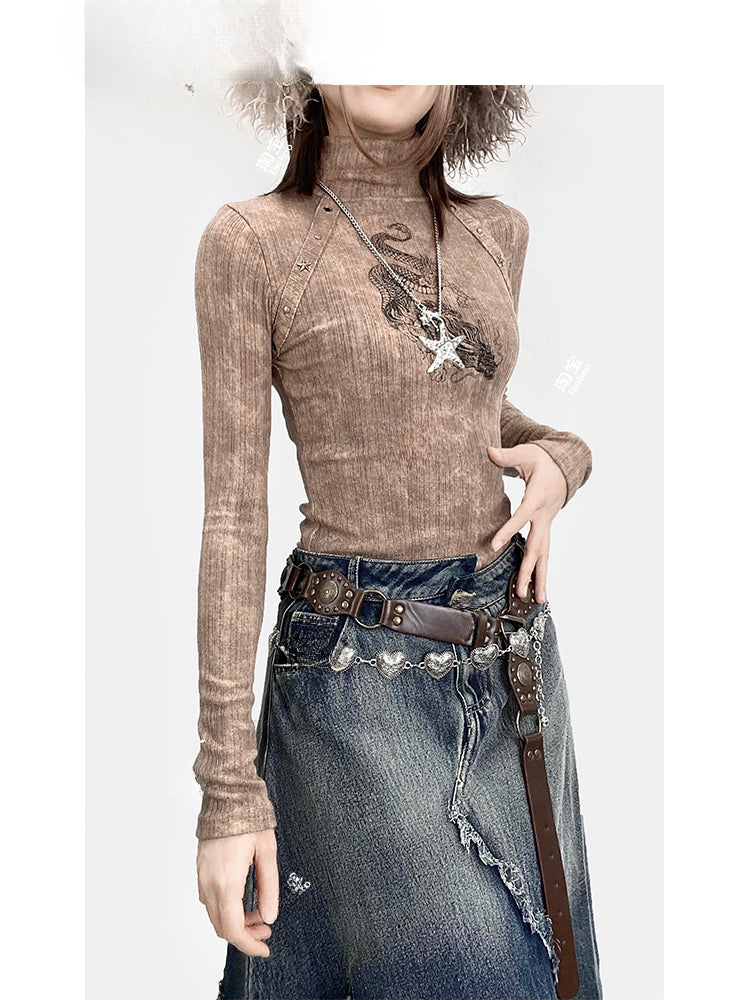 Khakifarbenes, hochgeschlossenes Oberteil mit Drachen-Print