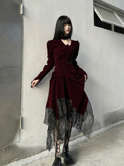 Gothic Wine Red Velvet Handkerchief Hem Midi Length Dress