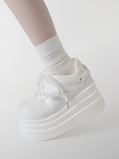 Lace-up Kei Platform White Closure Sneakers Jirai PU Design
