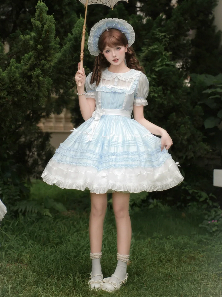 und Peter Collar Lolita Kurzes blaues Pan-Kleid mit weißen Ärmeln