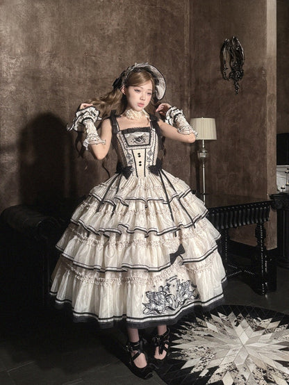 Swan-Embroidered Ruffled JSK Dress in Beige & Black - U.Rtto