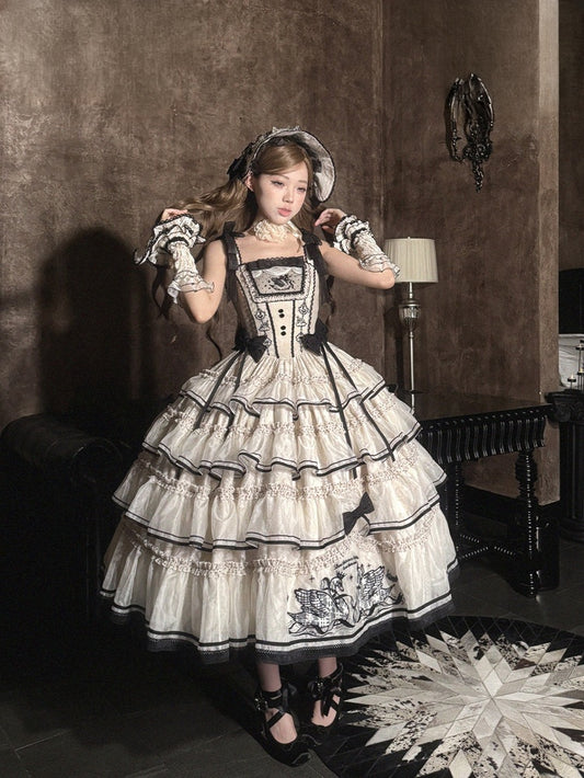 Swan-Embroidered Ruffled JSK Dress in Beige & Black - U.Rtto