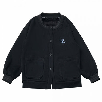 with Embroidered Lining - Black Cardigan Knit Collegiate Style Crest Fleece