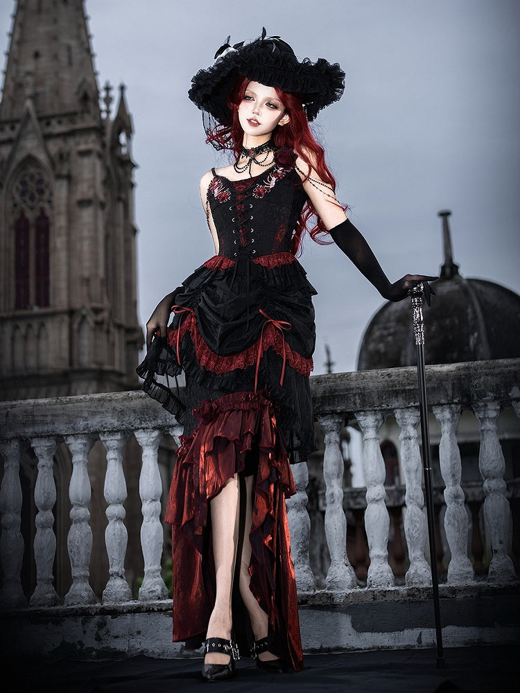 Black Red Gothic Corset Top and Skirt Set with Choker - Xiong Dou Jiang