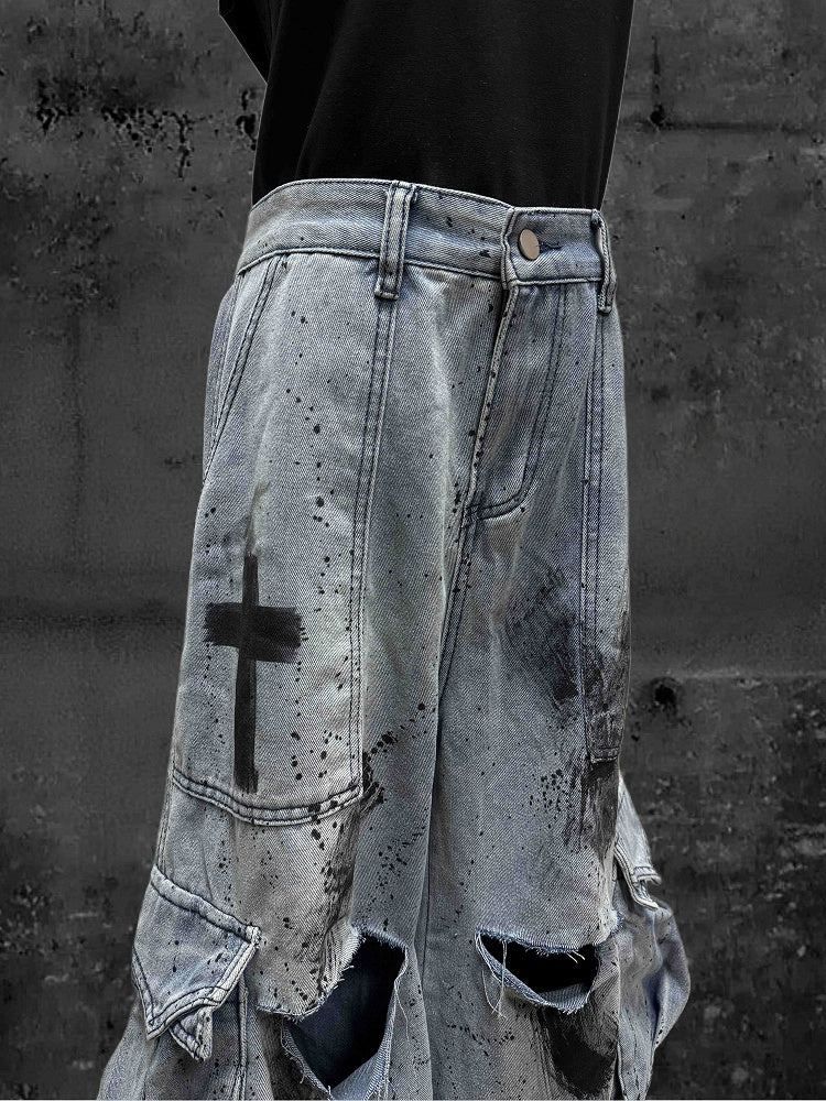 Graffiti Print Applique Cross Blue and Jeans Cargo Wide-Leg with Distressed