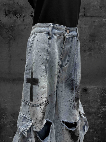 Graffiti Print Applique Cross Blue and Jeans Cargo Wide-Leg with Distressed