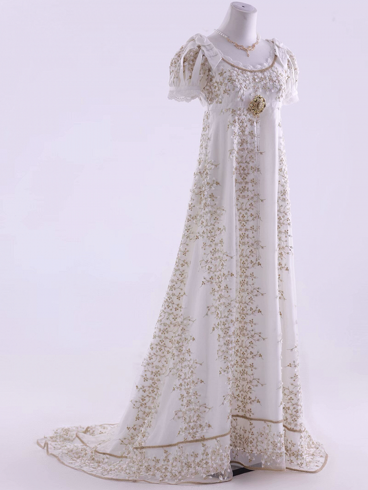 Weißes, elegantes Lolita-Maxikleid mit Empire-Taille und Blumenmuster, bodenlange Version