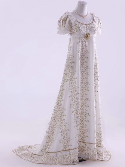 Weißes, elegantes Lolita-Maxikleid mit Empire-Taille und Blumenmuster, bodenlange Version