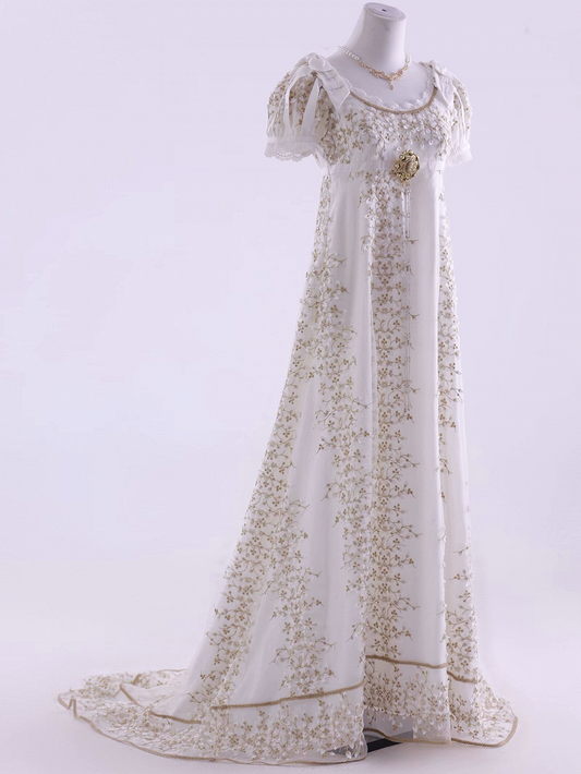 ホワイトエンパイアウエストフローラルエレガントロリータマキシドレスフロアレングスバージョン