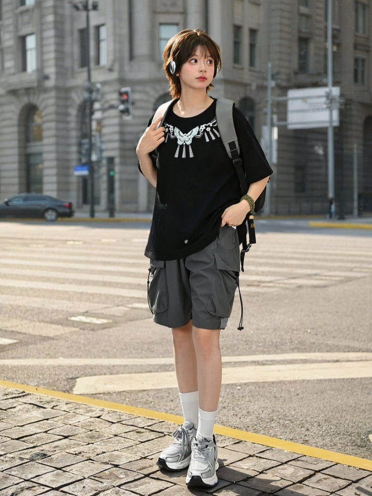Black Round Butterfly Embroidery Cheongsam Style T-Shirt Neck