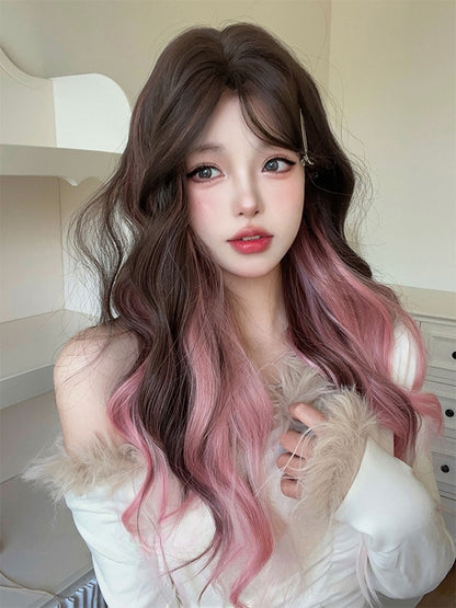 ピンクブラックのオンブレロングウェーブ合成ウィッグ（カーテンバング付き）