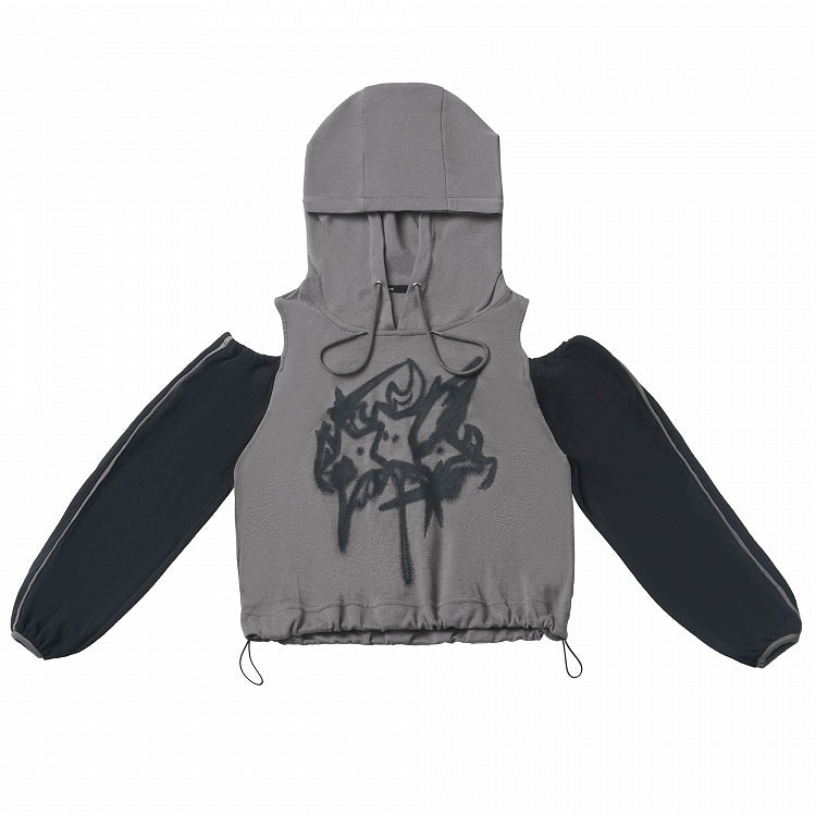 Print Colorblock Design Drawstring Gray Hem Hoodie and Cutout Shoulder Star Black