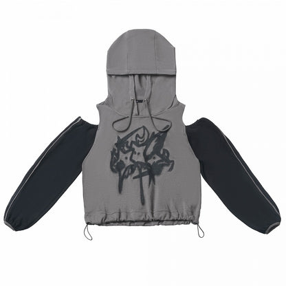 Print Colorblock Design Drawstring Gray Hem Hoodie and Cutout Shoulder Star Black