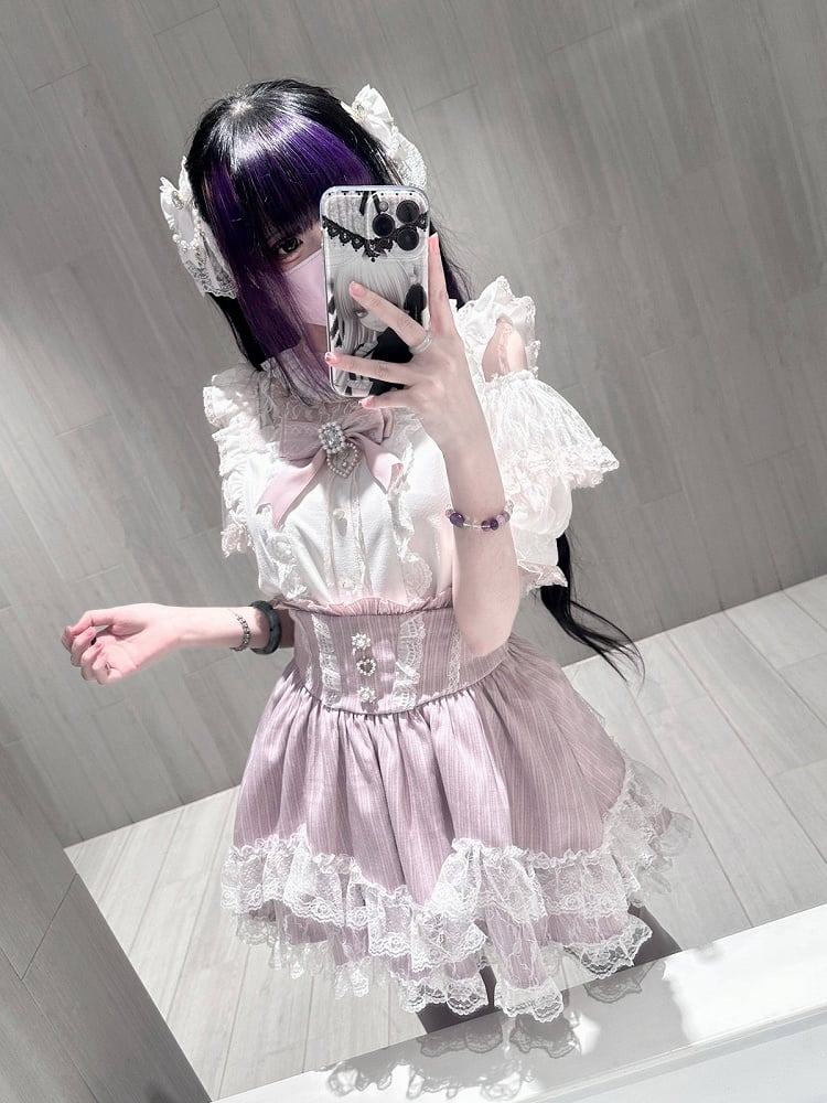 Pink & White Landmine Style Cutout Shoulder Short Sleeve Top with Rhinestone Bow and Lace - Virtual Paradise