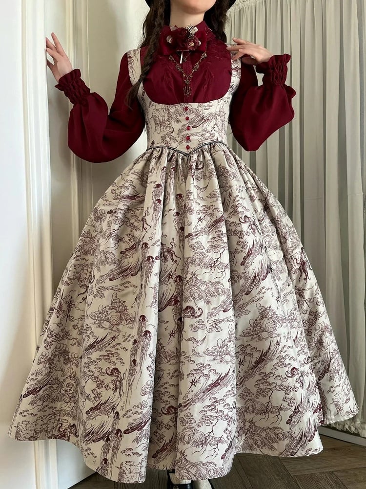Under Skirt Lolita Wood Animals Red Boned Print Jumper Waist Bust Basque and
