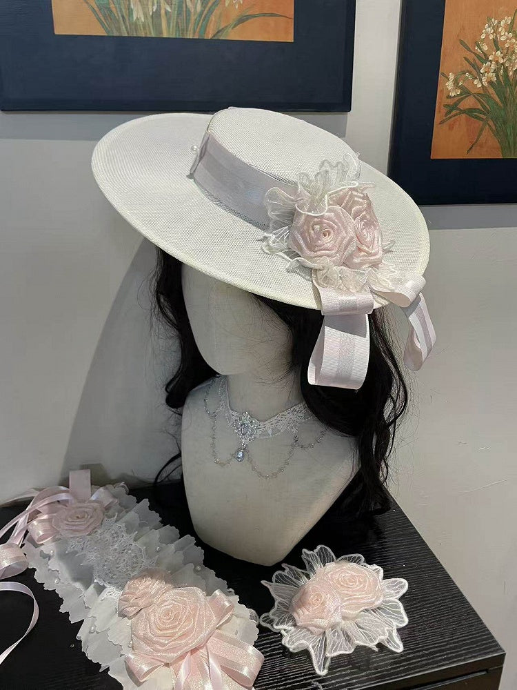Rose Accessory Set: Hat, Hairband, Choker, Brooch, Multiple Colors - Sheer Ocean