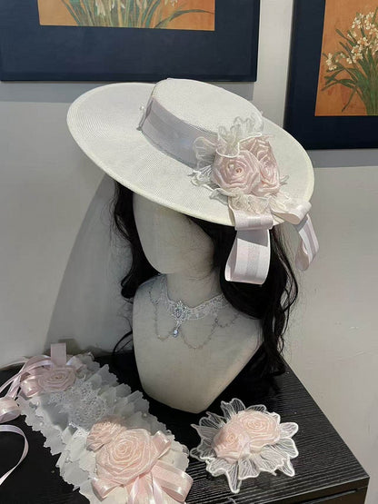 Rose Accessory Set: Hat, Hairband, Choker, Brooch, Multiple Colors - Sheer Ocean