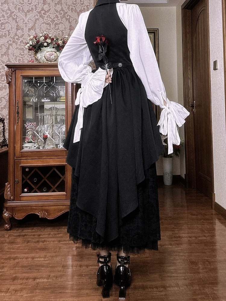 Lolita Shirt Komplett Schwarz und Weiß Gothic Rock Weste Set Lange Ärmel Elegant + -