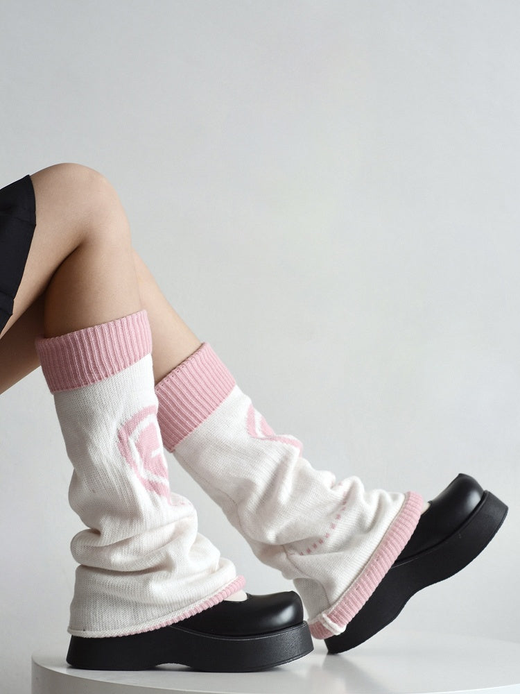 Pink Heart & Cross Pattern Black/White Flared Knitted Leg Warmers