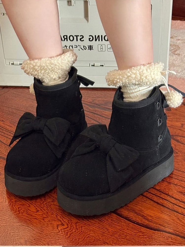 2.5cm Platform Sole Black Winter Boots for Lolita - Decorative Front Bow & Adjustable Back Lacing