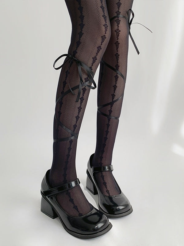 White/Black Design Bow Print Creamy Tights with Straps