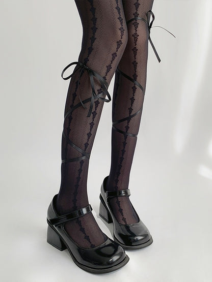 White/Black Design Bow Print Creamy Tights with Straps