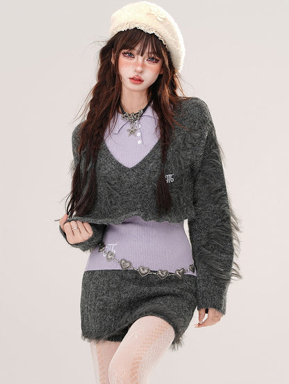 Grey V-neck Cropped Sweater + Purple Knit Top + Grey Mini Skirt Set