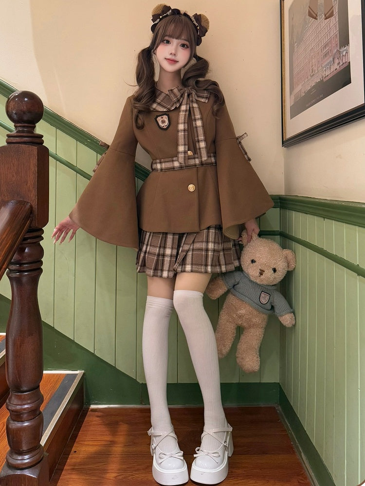チェック柄リボンアクセント付きコーヒープレッピースタイルベルスリーブジャケット + チェック柄プリーツスカートセット