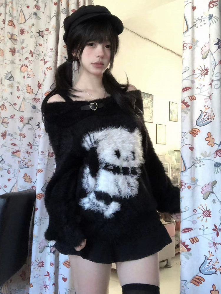 Off-Shoulder Plush Puppy Sweater with Sweetheart Buckle Adorable Black